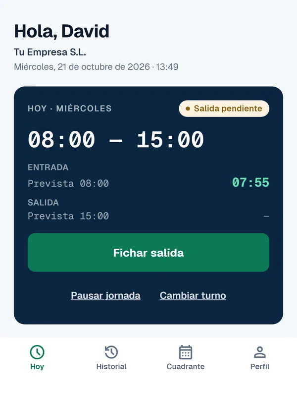 App de Acacio Marcajes: turno de oficina de 08:00 a 15:00 con la entrada fichada a las 07:55.