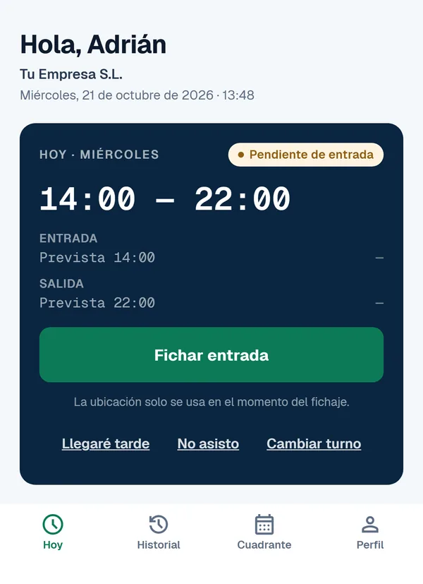 La app muestra una entrada pendiente de fichar.
